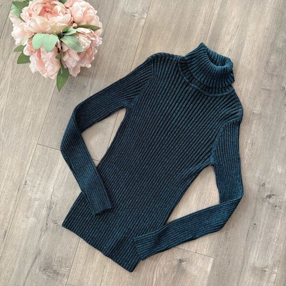 New York &‎ Company Teal Shimmer Ribbed Turtleneck Sweater